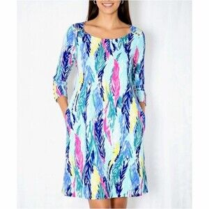 LILLY PULITZER Dress 3/4 Sleeve Multi Colors Feather Print Women Size Medium